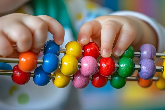 Close-up of child using colorful wooden abacus, early learning educational toy