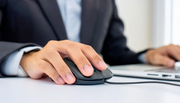 crop shot of a person in black suit working with a mouse and laptop on desk - Powered by Adobe