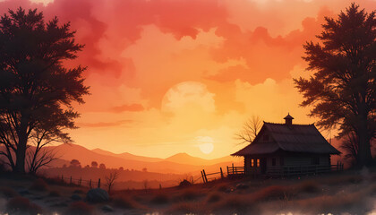 Fototapeta premium Rustic Cabin Sunset Landscape Warm Hues Silhouette Trees