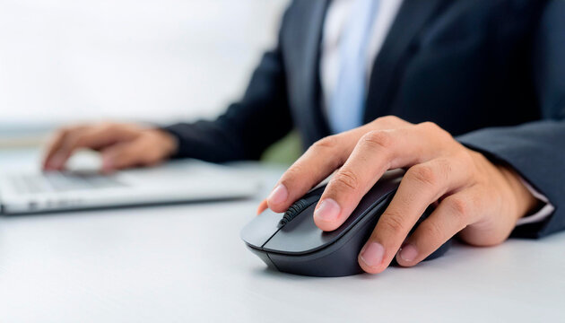 close up of a businessman hand on mouse with a laptop on table - Powered by Adobe