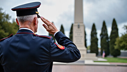 Obraz premium Soldier Saluting in Honor of Victory Day Against Monument Background 