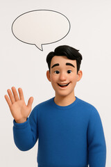 3D Render of Smiling Man Waving with Speech Bubble on White Background