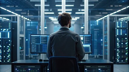 A person working in a server room, focused on multiple computer screens displaying data.