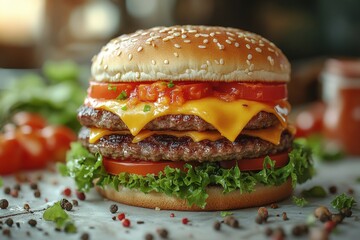 Juicy double cheeseburger with lettuce, tomato, and melted cheese