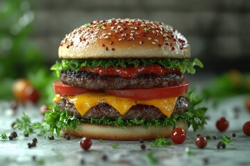 Juicy double cheeseburger with lettuce, tomato, and sauce on a sesame seed bun