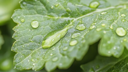 Close Up Detailed Green Leaf Adorned with Glistening Water Droplets Displaying Freshness and Natural Beauty Against a Soft Green Backdrop