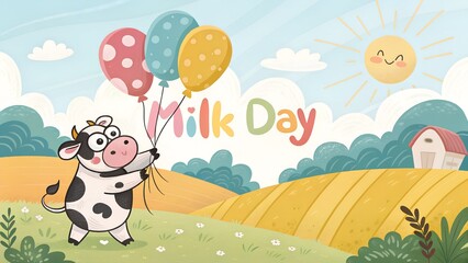 Obraz premium Cartoon cow holding balloons with 