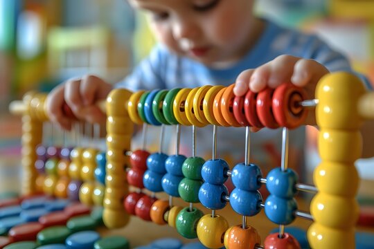 Close-up of child using colorful wooden abacus, early learning educational toy