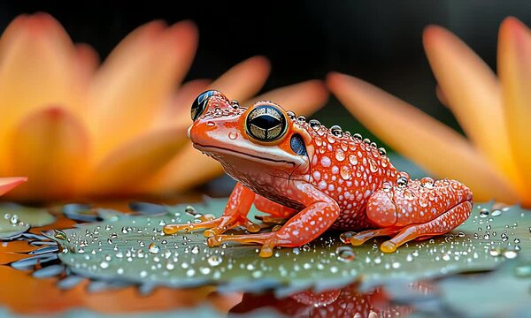 Orange Frog Sitting on Lily Pad with Water Droplets Close Up