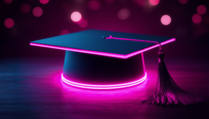 Graduation Cap Glowing in Neon Colors Against Bokeh Background  
