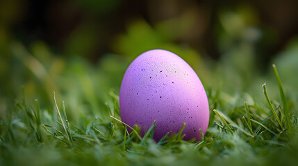 Easter Egg in Nature's Embrace: A vibrant purple egg rests gently amidst the fresh green blades of grass, with blurry background creating a sense of depth and serenity.