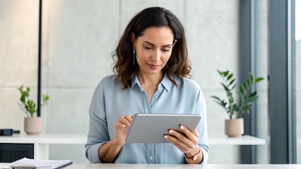 A woman uses a tablet in a modern workspace, surrounded by plants and natural light.