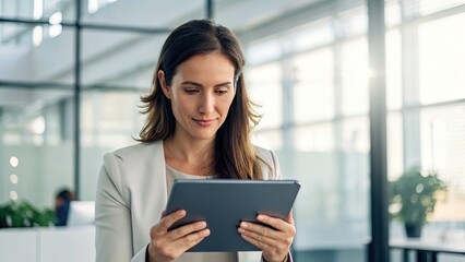 Obraz premium Professional woman using a tablet in a modern office environment with natural light.