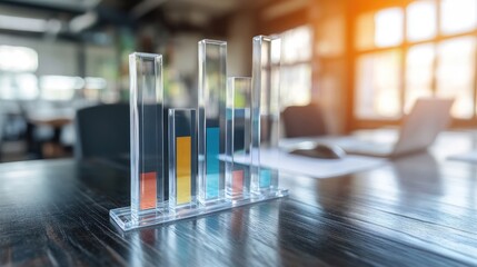 Clear acrylic financial graph rising in foreground with blurred office desk