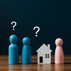 Purchase or rent. Division of property in divorce. Property acquired separately before marriage.wooden figurines, Shared housing. blue and pink figures, Housing issues for couples and young families. 