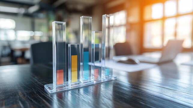 Clear acrylic financial graph rising in foreground with blurred office desk
