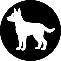 A minimalist dog silhouette emblem set against a stark black circular field
