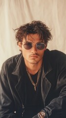 Obraz premium Moody portrait of a man with curly hair, wearing sunglasses and a leather jacket. Stylish and intense gaze