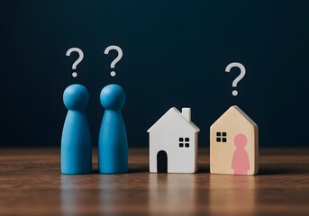 Shared housing. Purchase or rent. Division of property in divorce. Property acquired separately before marriage.wooden figurines, blue and pink figures, Housing issues for couples and young families. 