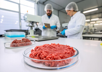 Two scientists review data in a synthetic cultured meat laboratory surrounded by samples of lab-grown meat on a table. Clean and modern equipment is visible.