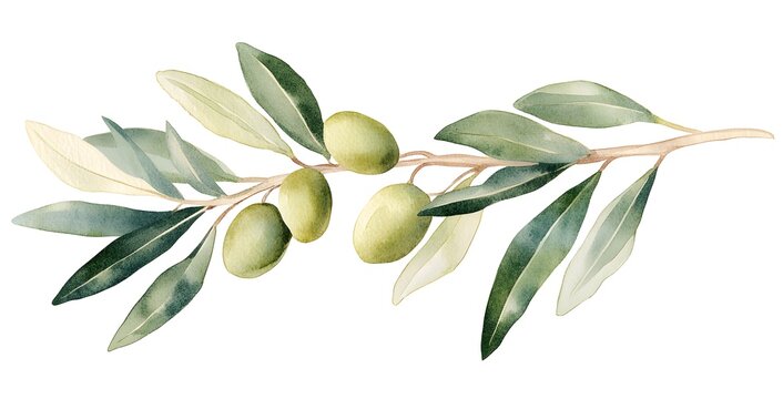 A simple clip art illustration of an olive branch with green olives, white background, soft watercolor, pastel color palette, spring vibes,