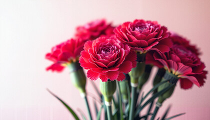 Fototapeta premium Vibrant red carnations blooming against a soft pink background 