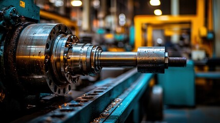 Fototapeta premium Precision lathe machine. Metallic components, blurred background, industrial setting
