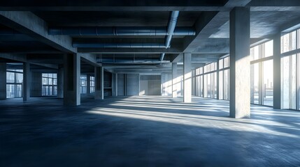 Large Empty Warehouse with Blue Pipes and Natural Light Streaming In