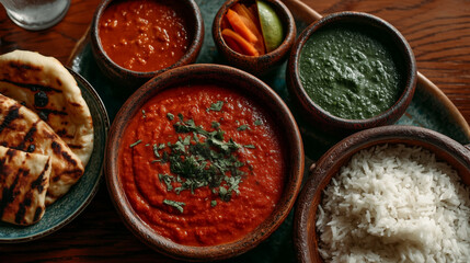 Indian curry platter with naan bread, pickled vegetables and rice