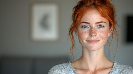 Headshot closeup of a beautiful young European woman with white skin, cheerful smile, and confident expression, posing joyfully with revealing style against a modern background.

