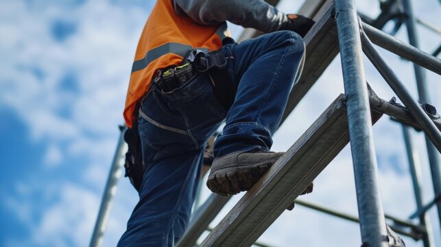 A scaffolder working on a construction scaffold structure. Featuring safety and skill