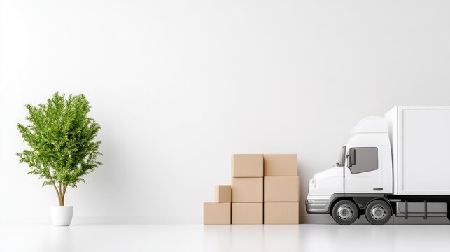 Moving truck, cardboard boxes, home relocation