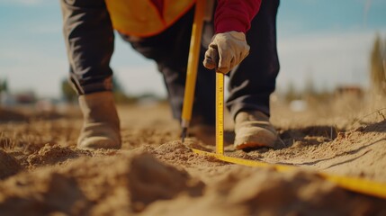 A surveyor marking boundaries with a measuring tool. Featuring accuracy and attention to detail