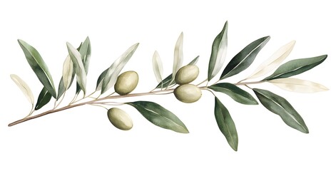 A watercolor, realistic, detailed illustration of an olive branch with leaves and olives in a light green hue. The illustration features realism, hand-drawn elements, soft color blending, 