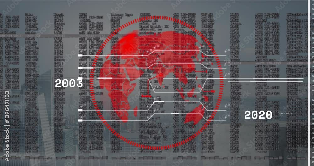 Poster red digital world map animation over binary code with years 2004 and 2019