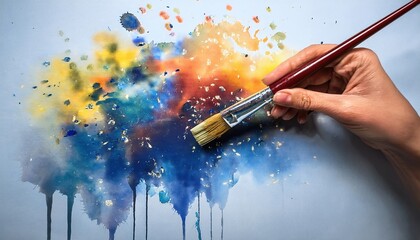 Artist’s paint-smeared hand holding a brush, watercolor droplets falling