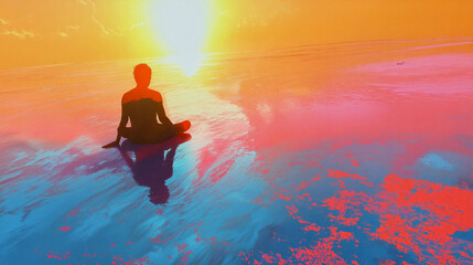 A person sits cross-legged on a reflective surface, absorbing the warm, vibrant colors of the sunset over the ocean, embodying peace and mindfulness in nature - yoga and meditation - Generative AI