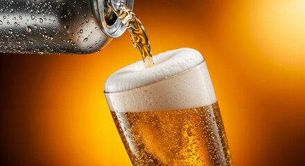 Cold Beer Pouring from Can into Foamy Glass Amber Background