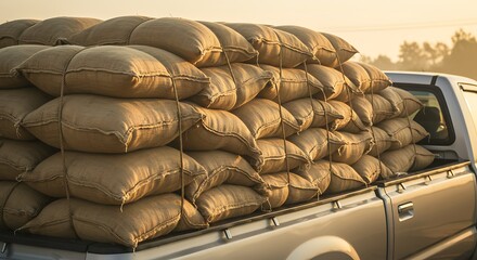 Hauling Large Stack of Burlap Sacks in Truck Bed at Sunrise