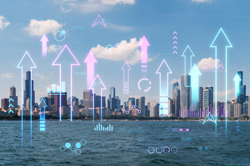 Chicago skyline with futuristic holographic overlays, showing graphs and symbols. Digital composite photography with urban cityscape background. Business and technology concept. Double exposure