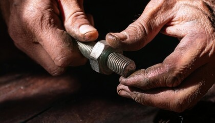 Grease-stained mechanic&rsquo;s hand tightening a rusty bolt