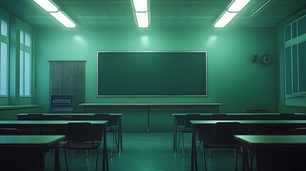 Empty classroom with desks blackboard and fluorescent lights in a green tinted room.