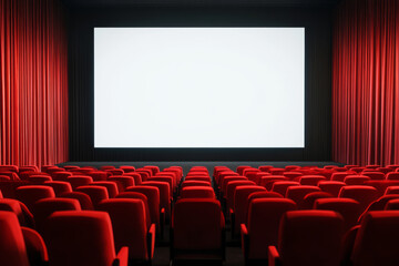 Fototapeta premium spacious cinema hall featuring empty red seats and large blank screen, creating inviting atmosphere for movie lovers
