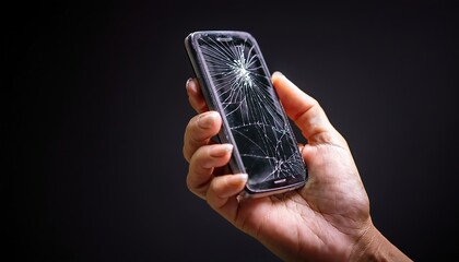 human hand holding a cracked smartphone