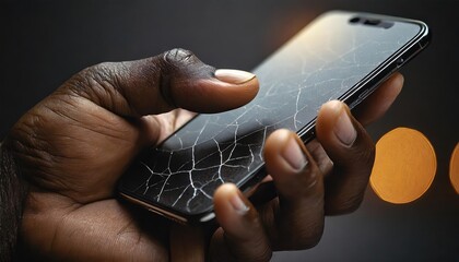 human hand holding a cracked smartphone