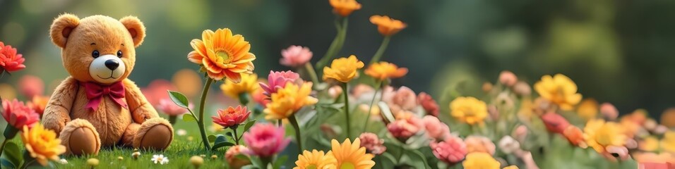 cute teddy bear in a meadow, banner, background, copy space
