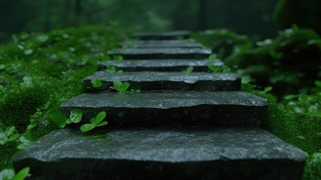 Stone steps leading into a lush, mossy forest - Powered by Adobe