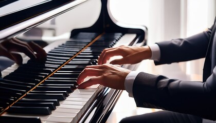 Pianist's hands playing a grand piano, shadows on keys.
