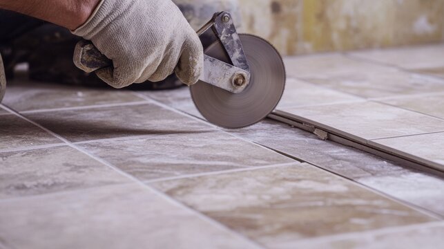 A tile installer cutting tiles for a bathroom floor. Featuring precision and skill