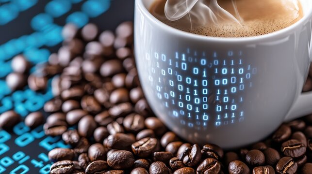 A steaming cup of coffee surrounded by coffee beans, with binary code in the background, symbolizing tech